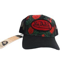 Von Dutch Trucker Hat (V3)  Black with Red Flowers and Green Leaves